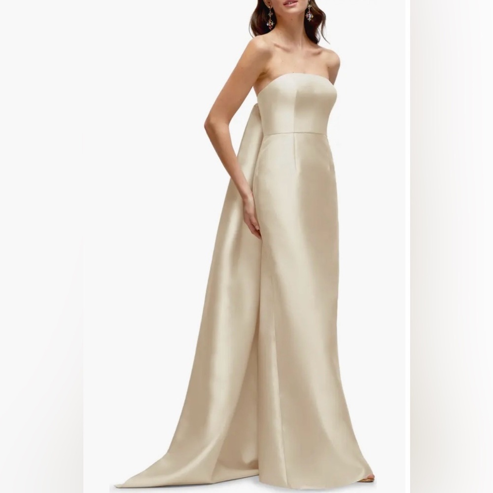 Alfred Sung Strapless Satin Twill Column Gown with Removable Train Champagne - Picture 2 of 8